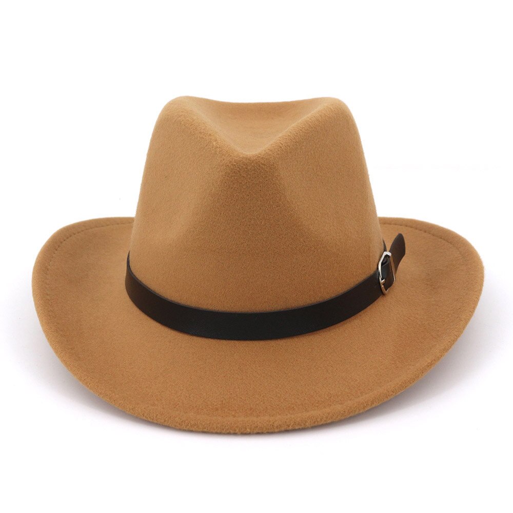 FS-sombreros Fedora de lana para hombre y mujer, sombrero de fieltro de Trilby, visera rizadora Vintage, sombrero de vaquero con cinturón de cuero, para invierno: FS1415 1
