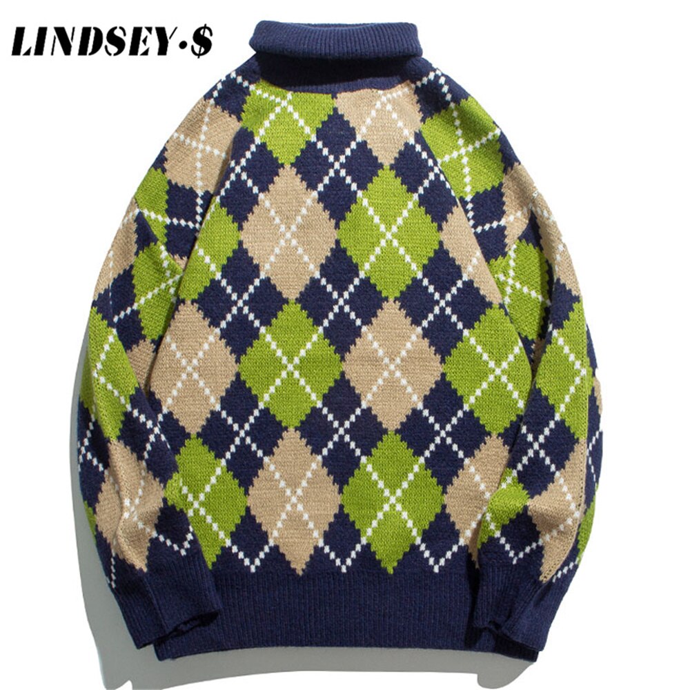 Lindsey seader masculino turtelneck suéteres vintage xadrez praça grade streetwear harajuku outono inverno novo pulôver camisolas masculinas: L
