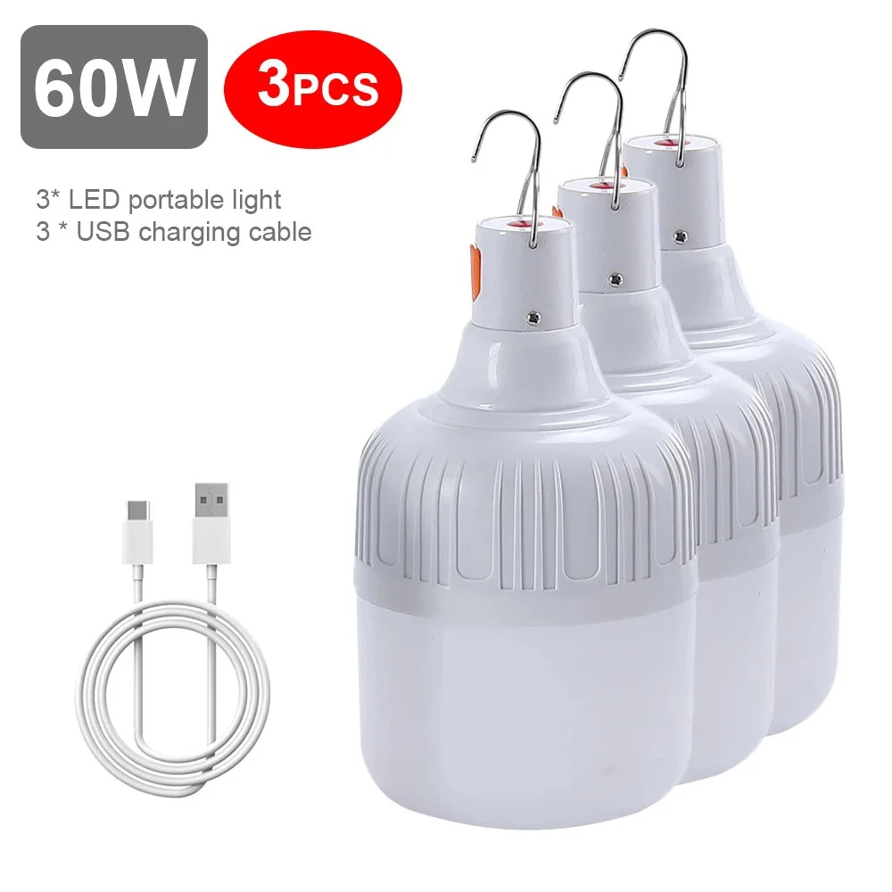 60w x 80w campinglampor usb-uppladdningsbara led-nödlampor för utomhusbruk, bärbara lyktor med krok för grilltält, batterilampa: 9w