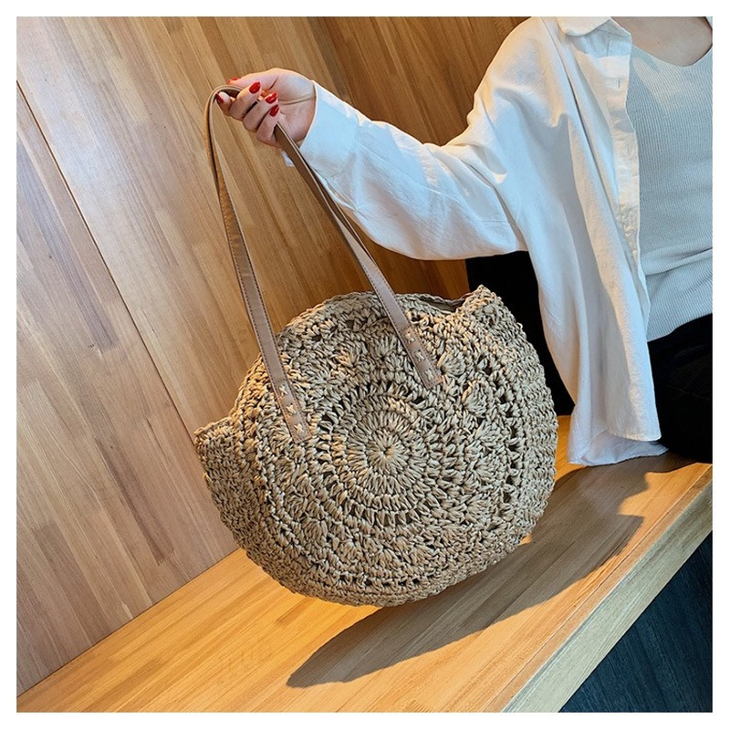 Rund strå strandtaske vintage håndlavet vævet skuldertaske raffia cirkel rattan tasker boheme sommerferie casual tasker