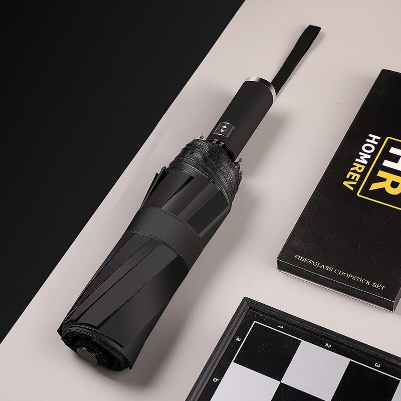 Womens Umbrella Windproof Strong Wind Resistant Men Folding Automatic Chinese 10K Sun And Rain Umbrella For Fish Big Parasol: black