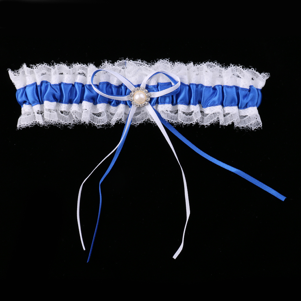 Women's Blue &amp; White Lace Garter Wedding Bridal Garter with Satin Bow