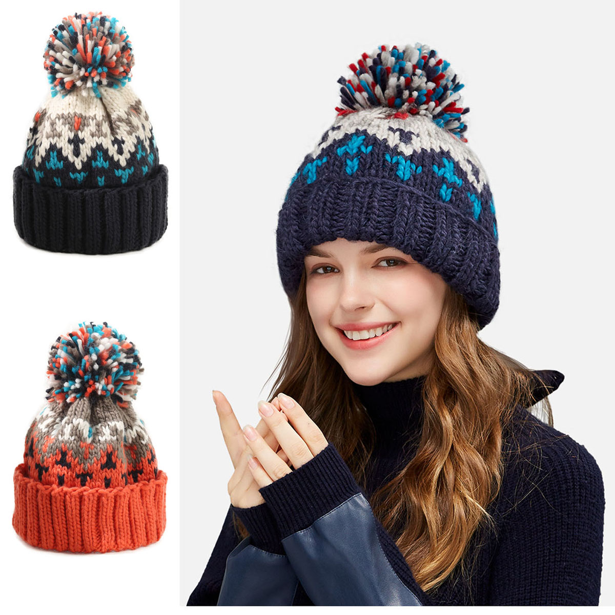 Gorro de invierno de Cachemira para mujer, gorros de otoño con pompón, gorros de lana cálidos, , gorros acrílicos, gorro de invierno para mujer