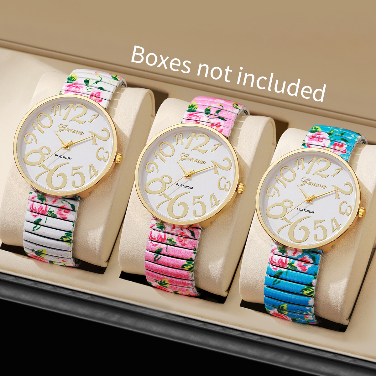 1/2/3/4 Uds. Reloj de Mujer con estampado de flores a la , correa elástica de lujo, relojes de cuarzo árabe, Reloj para Mujer y niñas (sin caja): Marrón