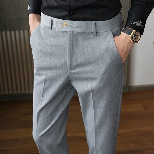 Krysantemum broderi menn business kjole bukser casual slim fit dressbukser bryllup kontor sosiale bukser pantalon homme 28-36: Lysegrå / 30