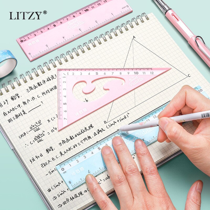 Juego de 4 Uds. LITZY de regla Kawaii, compás matemáticos, papelería escolar, reglas rectas de plástico de 15/20cm, suministros de oficina