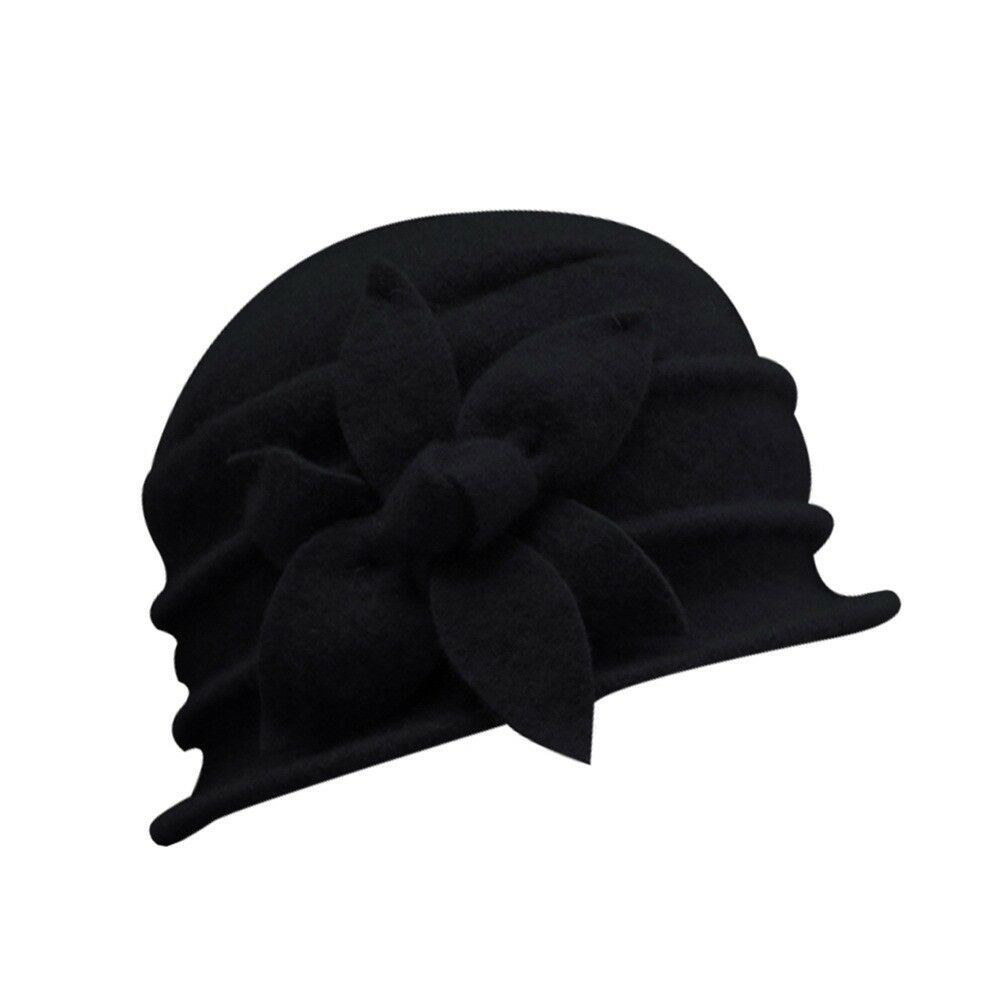 Ladies Winter Wool Vintage Hat With Flower - Solid Felt Bucket Cap For Casual & Party