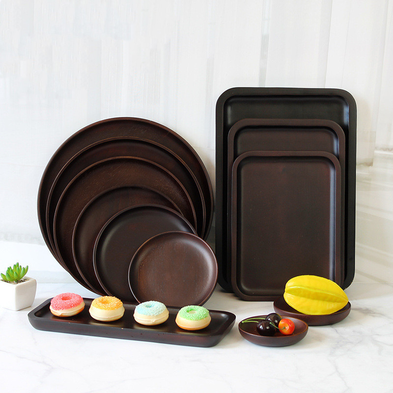 Storage Box Wood Pan Plate Fruit Dishes Saucer Tea Tray Dessert Dinner Bread Wood Plate Japanese Round/Rectangle Home Decoration