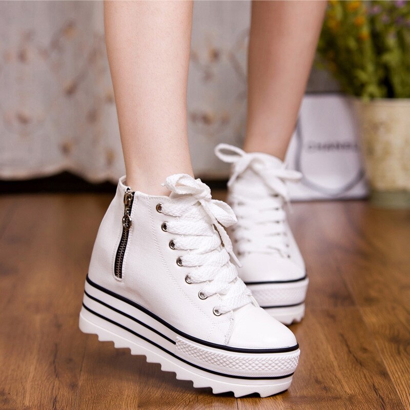 Vita kilar canvas skor kvinna sneaker höga platåskor high top sneakers dam dold klack ledig dragkedja vulkaniserade skor