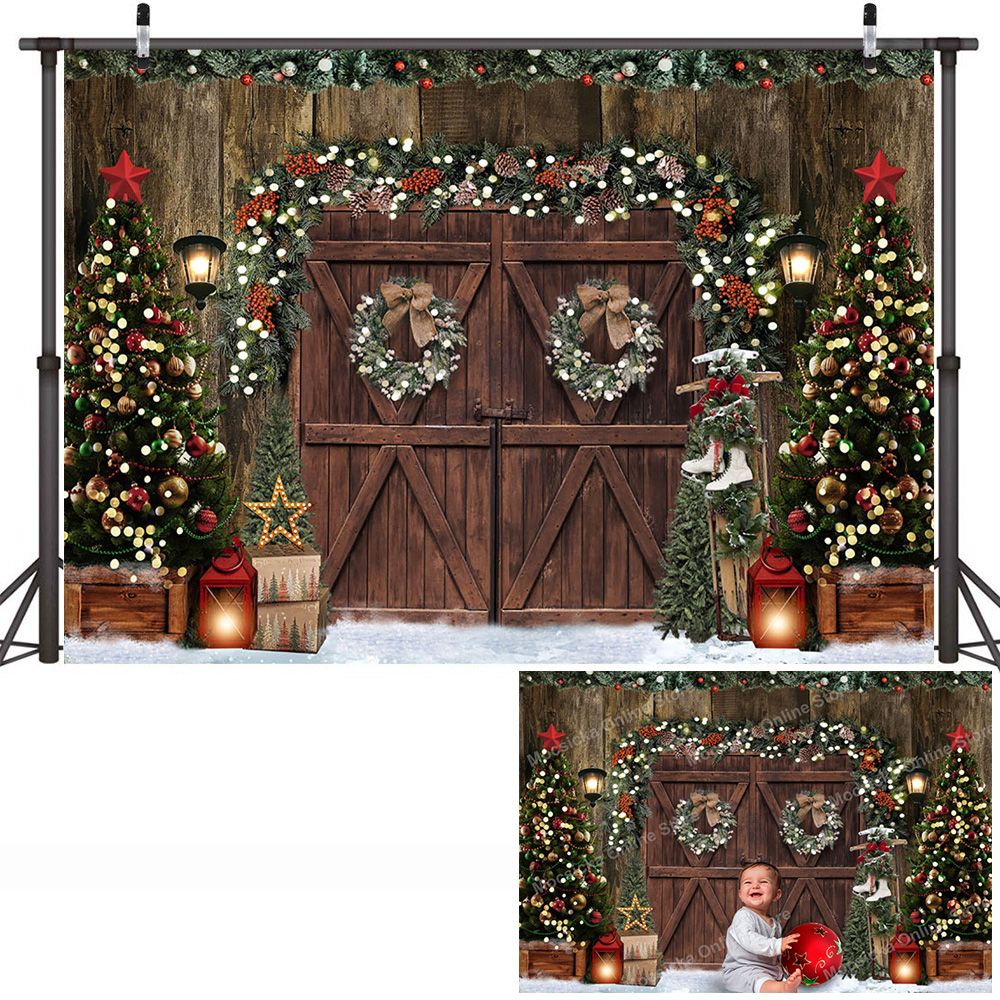 Winter Christmas Rustic Barn Wood Door Photo Backdrop Xmas Tree Snow Birthday Portrait Background Wreath Party Decor: 1500*2200