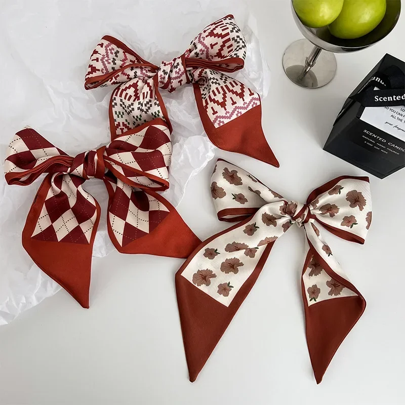 Fita bandana lenço de seda all-match vermelho laço de cabelo longo cachecol acessórios flor impresso cachecol headbands para mulher