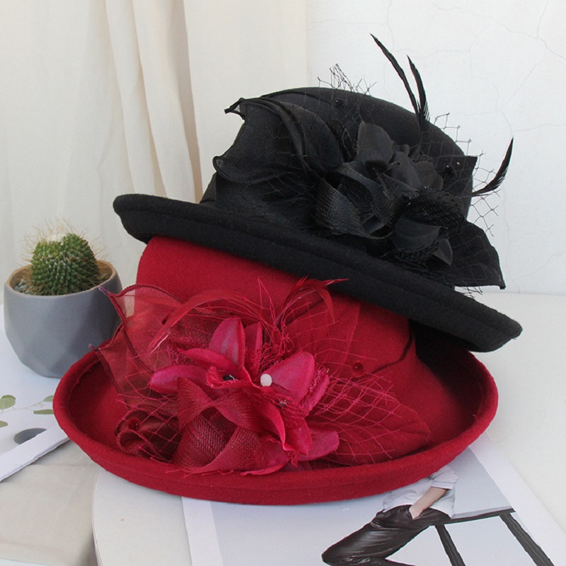 Sombrero de lana con flores para mujer, gorro cálido de ala ancha, , para , decoración, otoño e invierno,