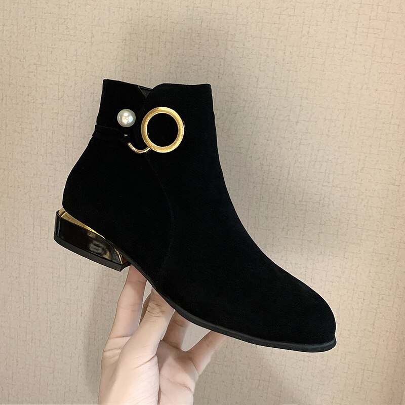 Vinterskor dam ankelboots faux svarta låga klackar mocka booties pärlklänning skor fyrkantig klack botas mujer plus size: 40