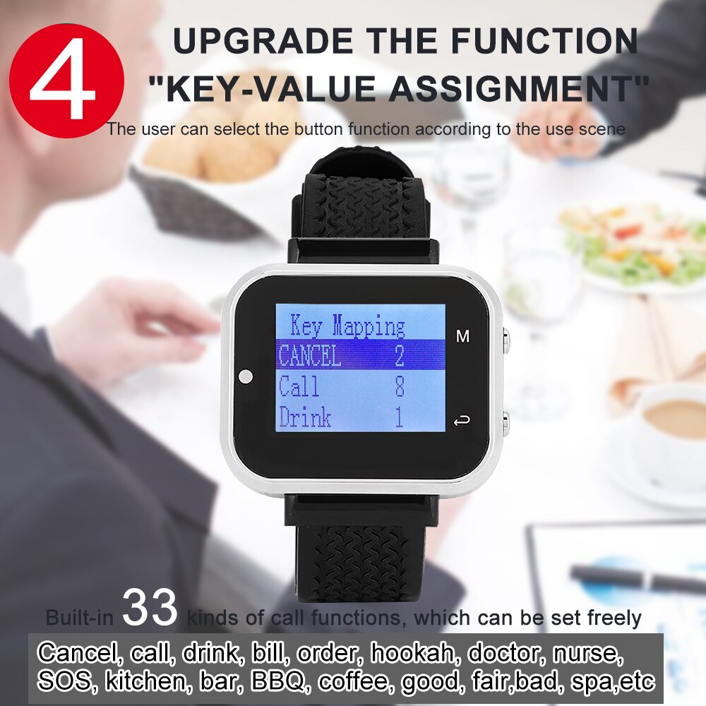 Draadloze Oproepsysteem Grote Scherm Meerdere Talen Horloge Ontvanger 4 Toetsen Knop Voor Restaurant Waterpijp Cafe Office
