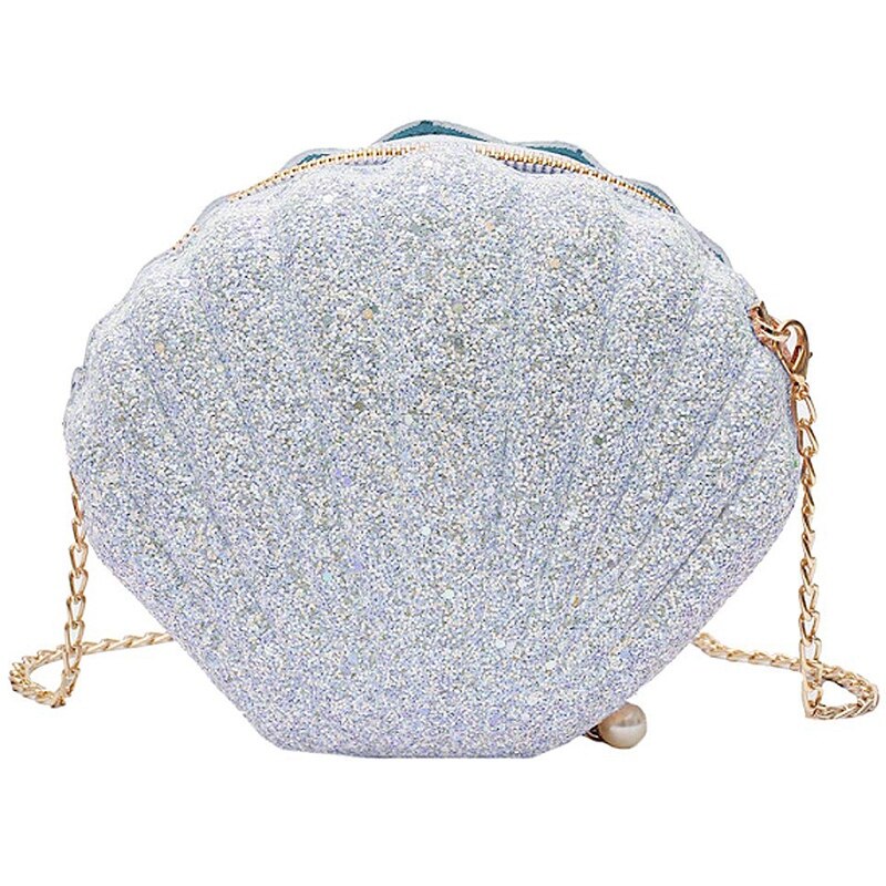 Women Girls Little Mermaid Seashell Purse Cross-Body Shoulder Bags Glitter Sequins Chain Evening Purse: White