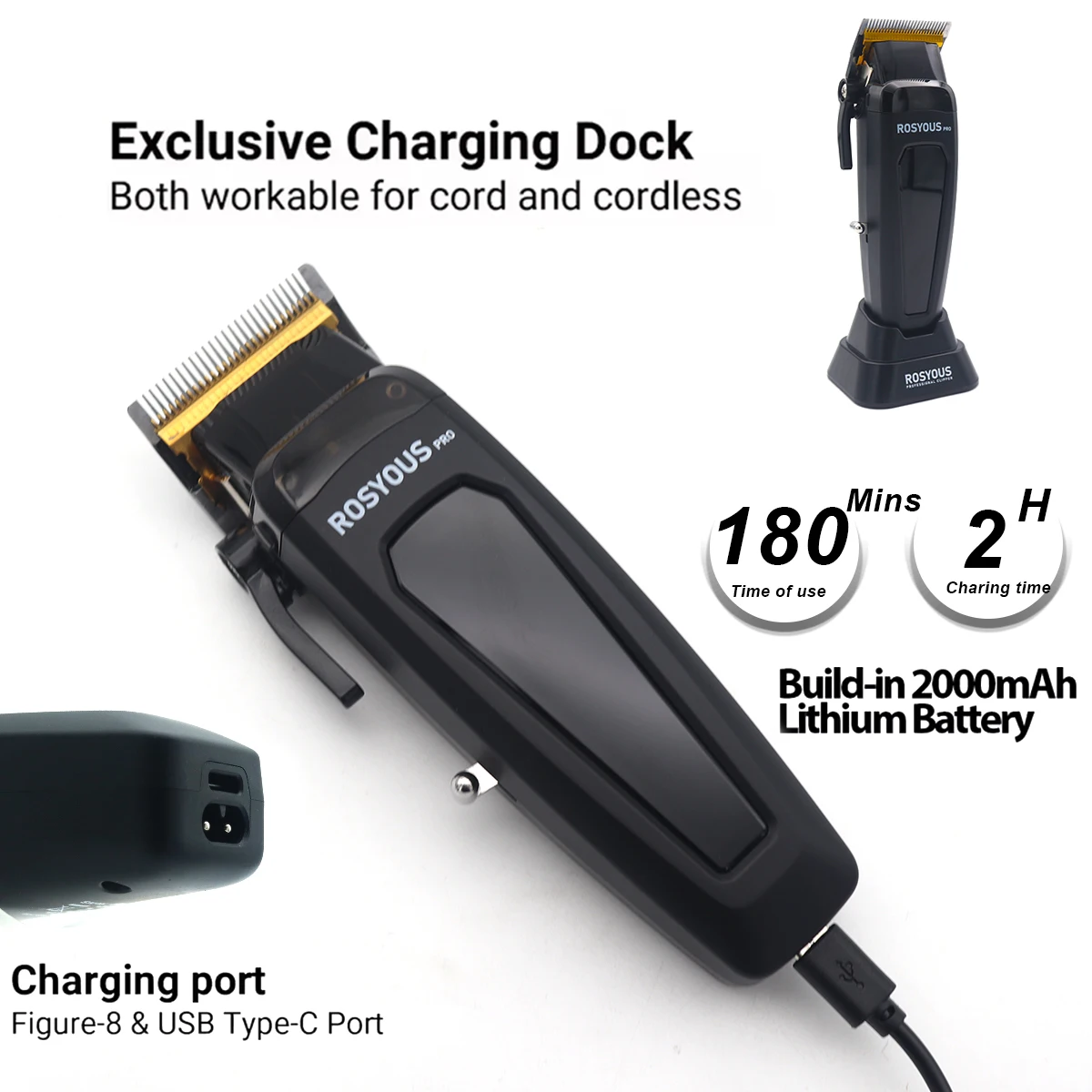 Professioneller elektrischer Haarschneider 106 Haarschneider für Männer, 7500 U/min, mit Basis, 5-stellbare DLC-Blade-Friseurmaschine