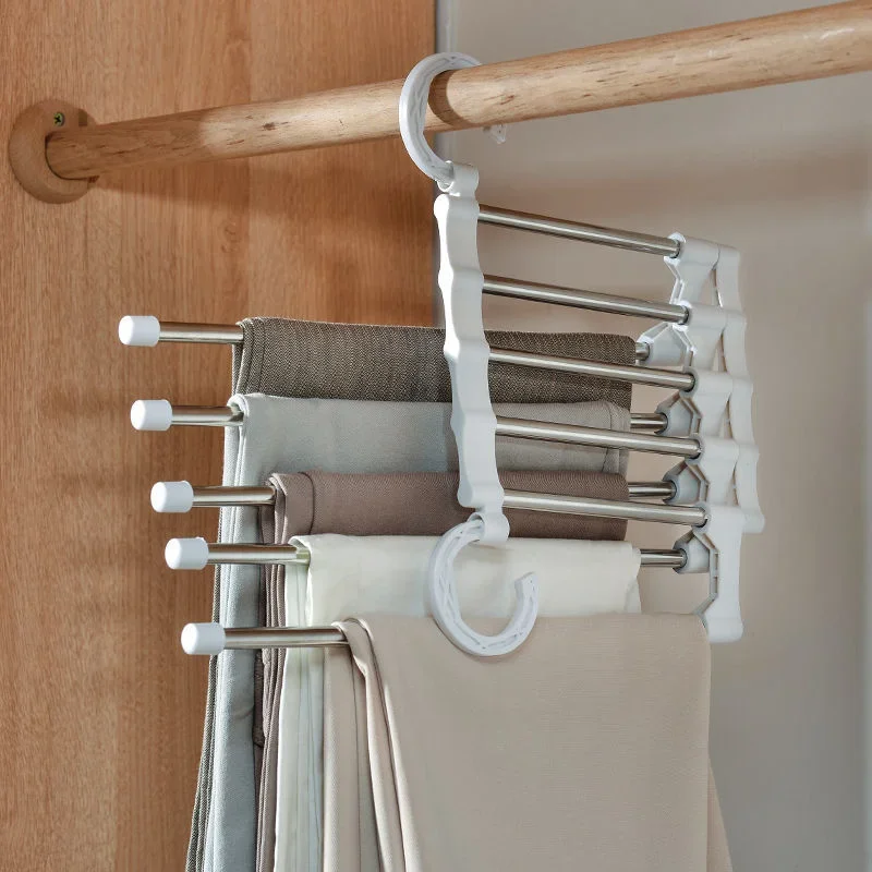 Appendiabiti per pantaloni magici 5 in 1 Appendiabiti pieghevole per pantaloni in acciaio inossidabile Scaffali per appendiabiti per camera da letto Organizzatore per armadio