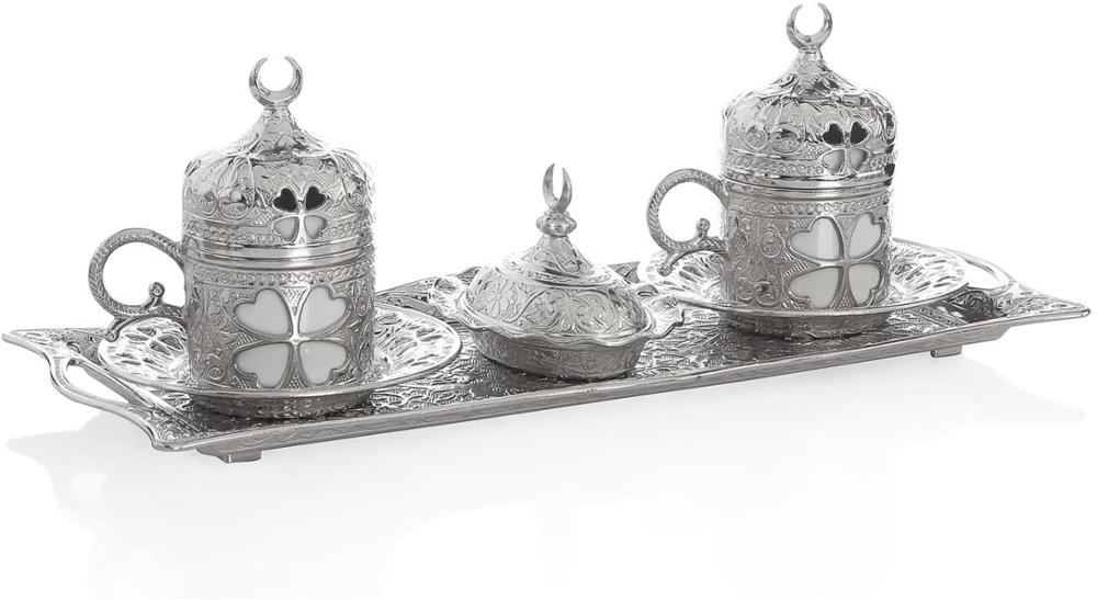 Turkse Koffie Set Arabische Poef Griekse Authentieke Product Met Historische Patroon Espresso Serveren Copper & Silver