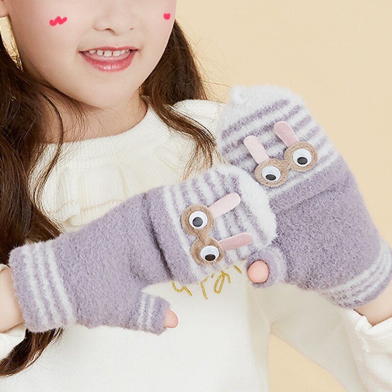 Balleenshiny Kinderen Handschoenen Kids Wanten Winter Plus Fluwelen Warme Tas Vinger Cartoon Gestreepte Half Vinger Gebreide Handschoenen