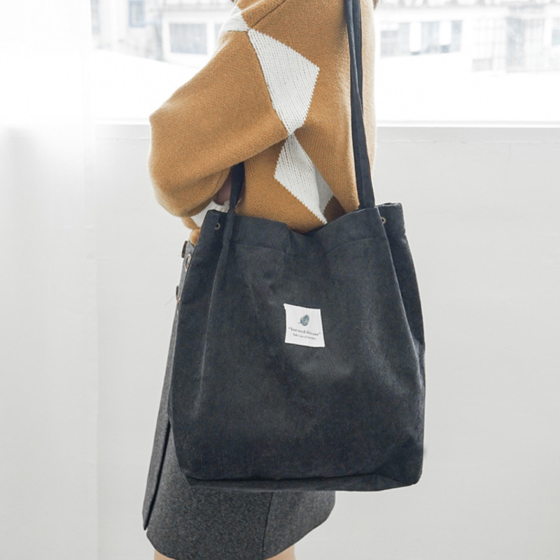 Vrouwen Canvas Draagtas Corduroy Winkelen Vrouwelijke Eco Doek Handtas Grote Vrouwen Vouwen Schouder Herbruikbare Opvouwbare Shopper Tassen: Black