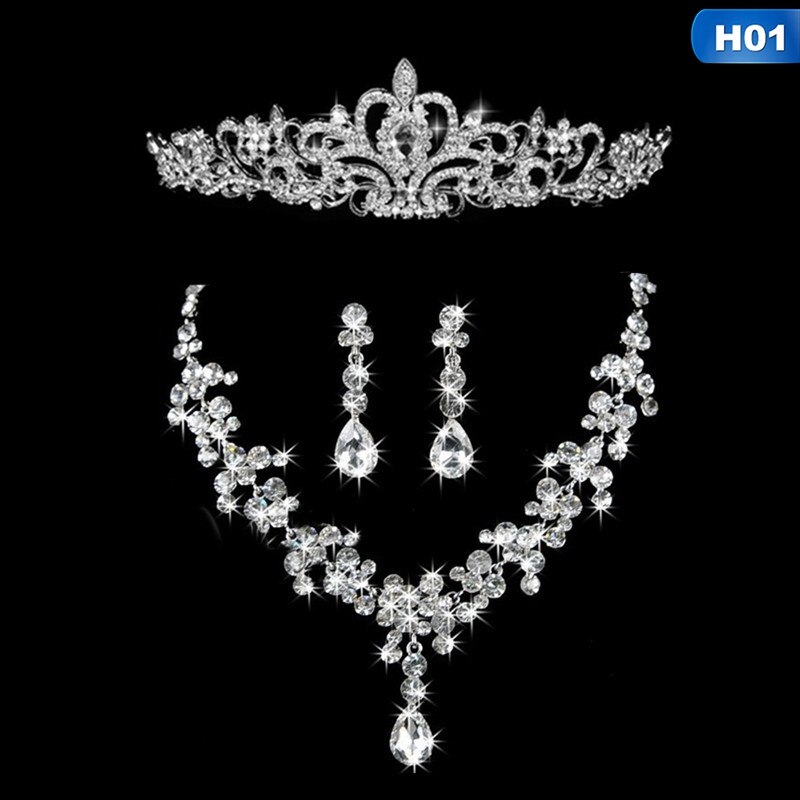 Three-piece Bridal Jewelry Set Crown Necklace Earrings Crystal Wedding Women Tiara Jewelry Accessories: Default Title