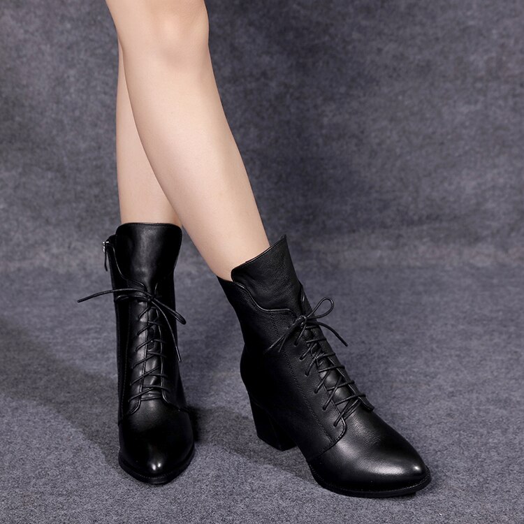 Hoge Zacht Leer Snowboots Vrouwen Dikke Hak En Fluwelen Mar Laarzen Vrouwen Mid-Hak Katoenen Schoenen Laarzen