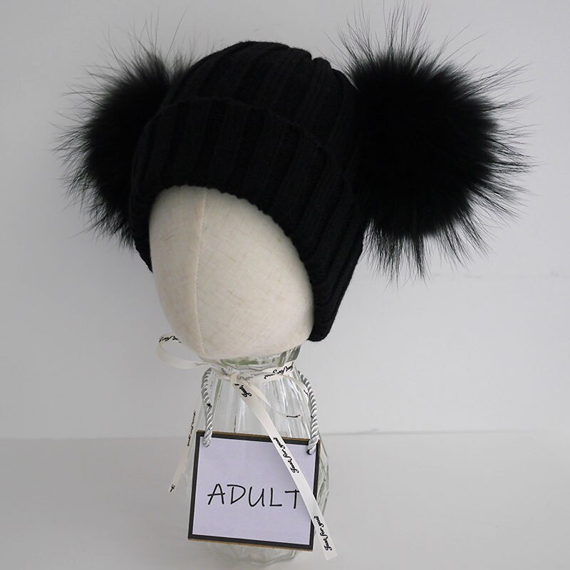 Volwassen Dubbele Bont Pompon Winter Hoeden voor Vrouwen Wol Blend Gebreide Heren Hoeden en Caps