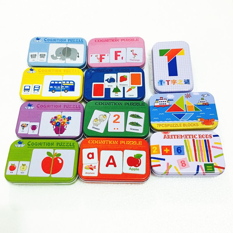3D Puzzles Pädagogisches Spielzeug Für Kinder Eisen Box Set Fahrzeug/Tier/Obst Puzzles Alphabet Erkenntnis TPuzzle Zählen sticks