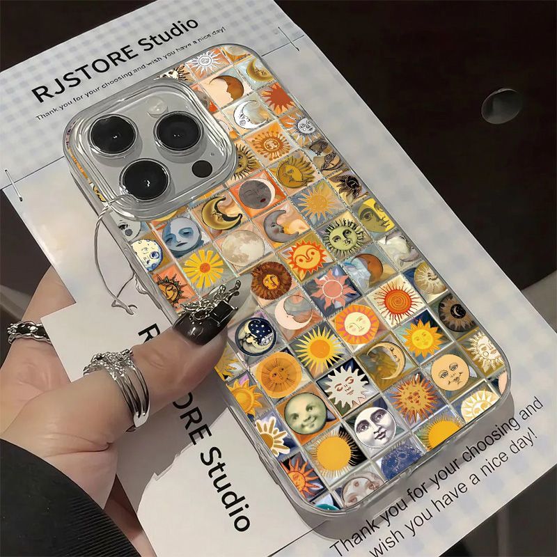 Luxury Sun Moon Hard Phone Case for iPhone 13 12 11 16 15 14 ProMax 16Plus X XSMAX XR 7 8 Plus Fun Phone Shell Cartoon Cover Y2k