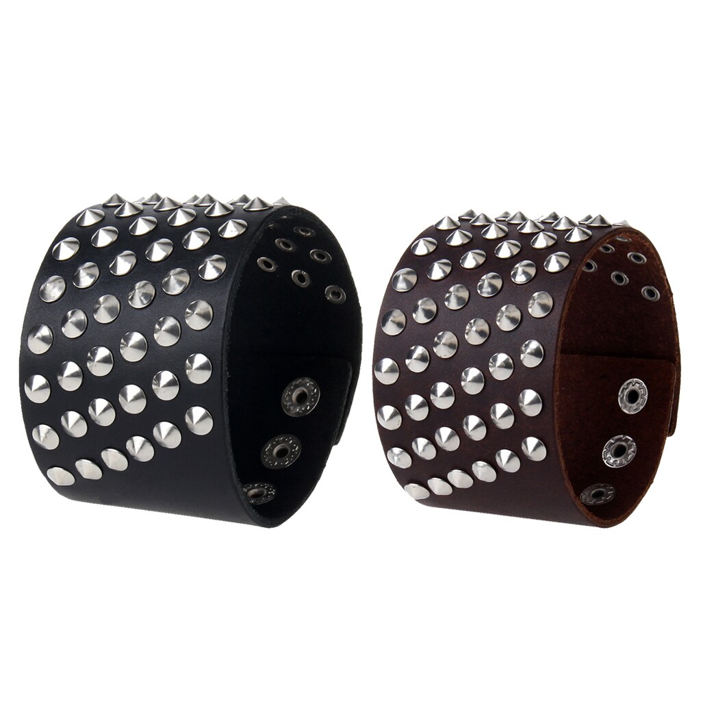Unisex Gothic Rock 6 Rijen Metal Stud Spikes Klinknagel Pu Leer Brede Polsband Bangle