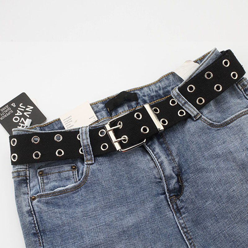 Unisex lærredsbælte til kvinder harajuku dobbelt række hul pin spænde gennemføring jeans mænd bælter kvindelig mandlig talje 427: Sort