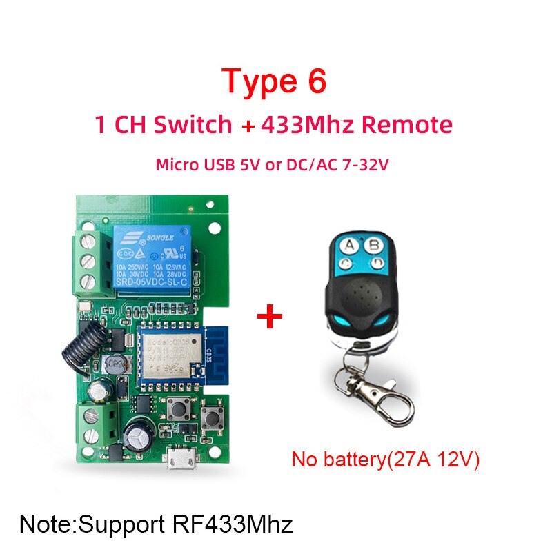Tuya smartlife  dc 12v 24v 32v wifi trådløs bryter, intelligent modulrelé, inching-modus, alexa google hjem  rf433 fjernkontroll: type 6