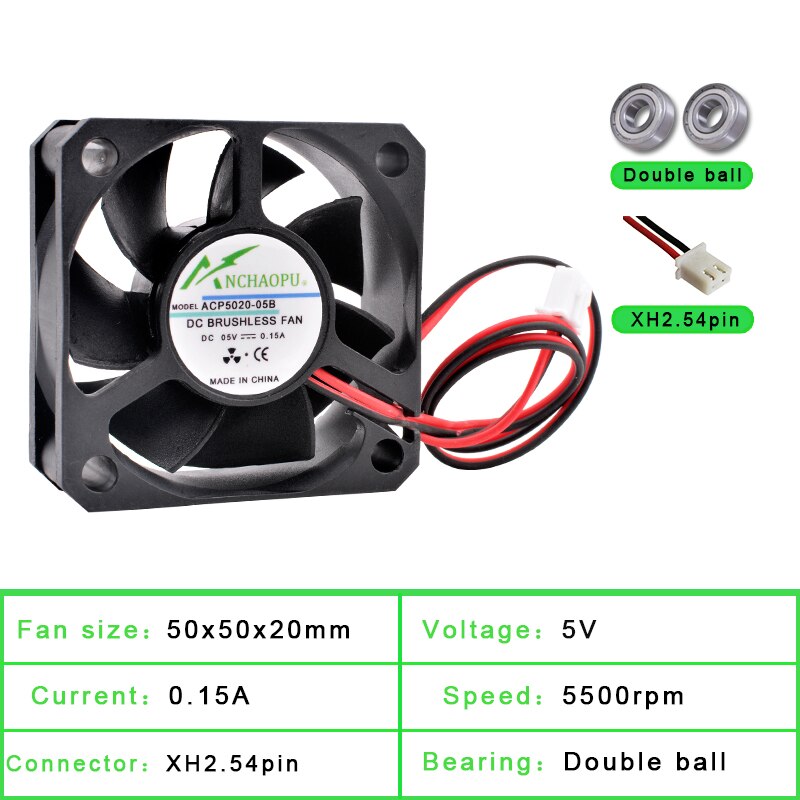 ACP5020 5Cm 50Mm Fan 50X50X20Mm DC5V 12V 24V 2pin Koelventilator geschikt Voor Chassis Voeding Lader Printer Inverter: 5V Double ball