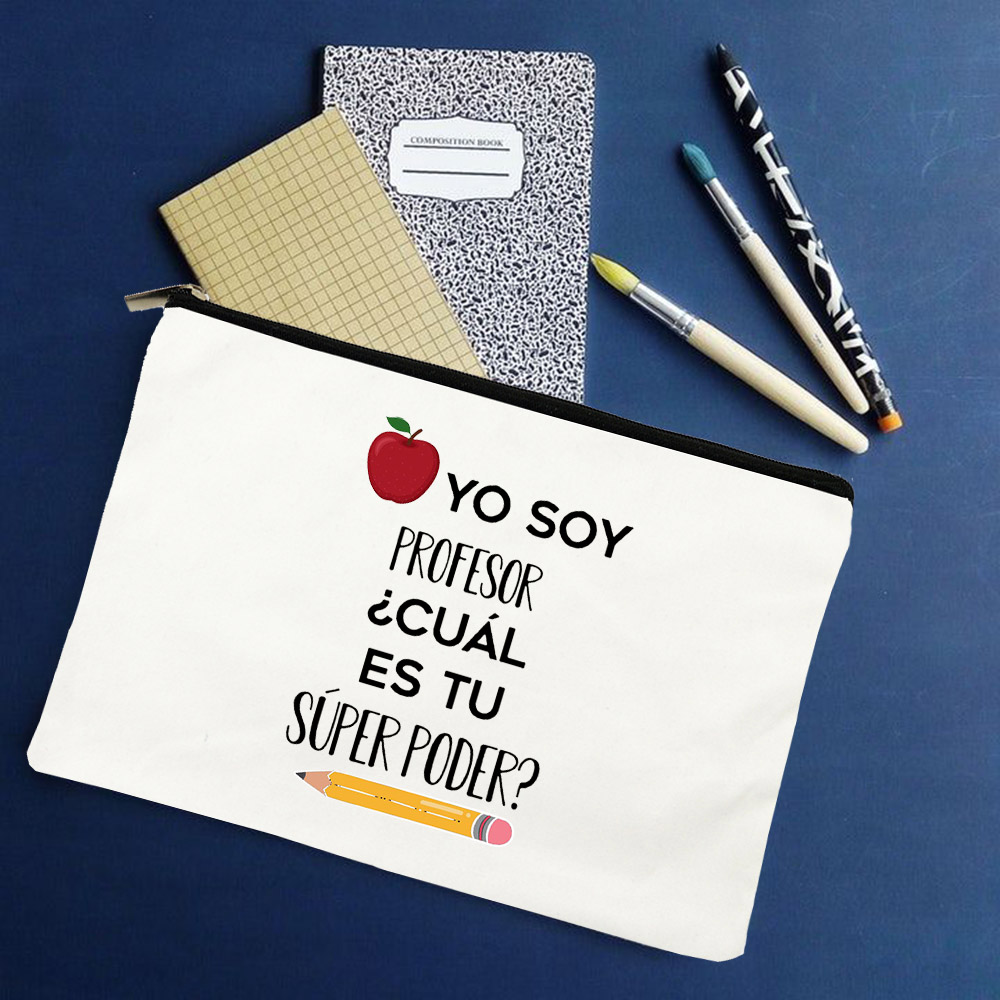Yo Soy Profesor Cual Es Tu Superpoder Spaans Make Tassen Leraar Canvas Potlood Opslag Pouch Reizen Toiletartikelen Organizer: W01323-TBWH-D