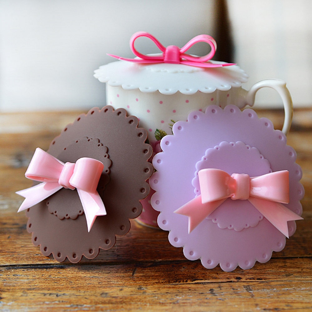 10.5cm Cute Anti-dust Silicone Glass Cup Cover Coffee Mug Suction Seal Lid Cap Silicone Lovely Bowknot Cup Cover