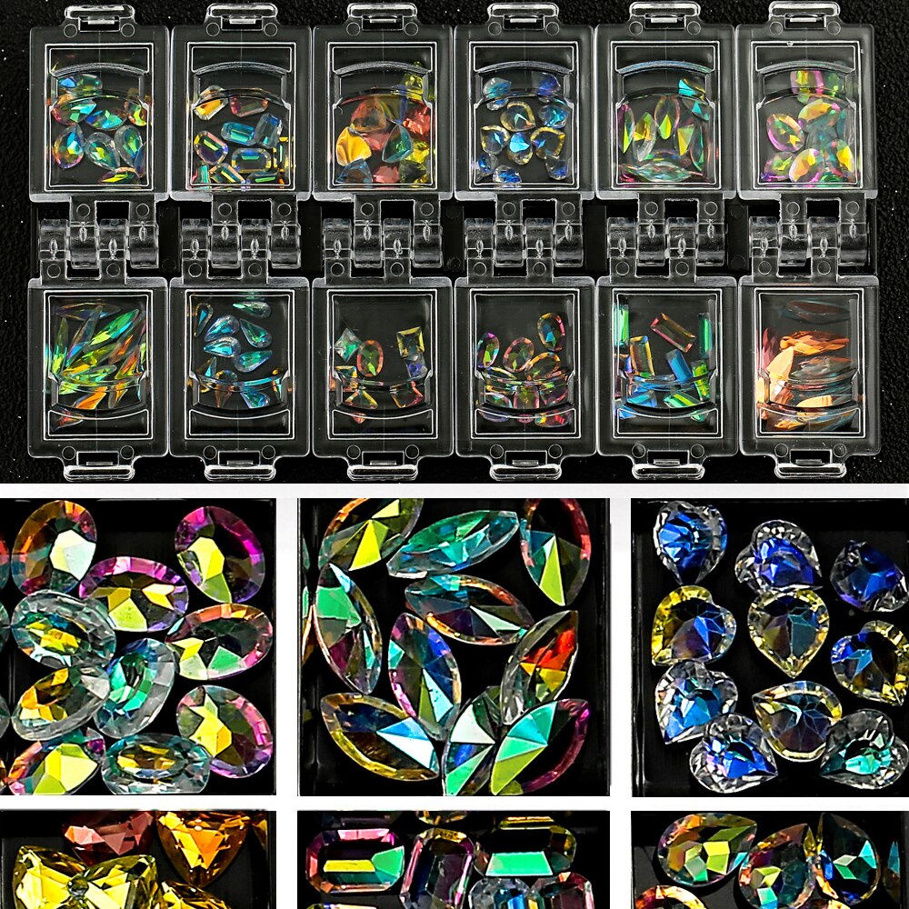 3d ab diamant ædelstene negle glitter rhinsten glas 12 æsker/sæt krystal nail art dekoration negle kunst dekorationer ozdoby do paznokci