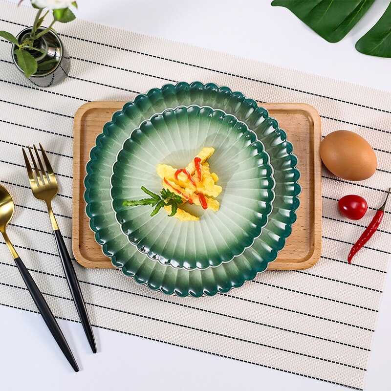 Kitchen Cutlery Set Nordic Creativity Deep Dish Dinner Plate Gradient Green Ceramic Plate Bowl Home Steak Western Food Tableware