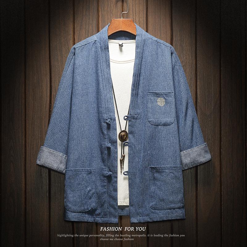 M-5xl koreaanse stijl plus size denim overhemd heren kraagloos chinees traditioneel zakken 3/4 mouwen vintage jeans overhemden xxxxl: Blauw spijkerhemd / M