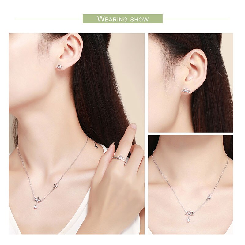 BISAER Real 925 Sterling Silver Lotus Flower Earrings Ring Necklaces Women Jewelry Sets for Women Sterling Silver Jewelry WES067