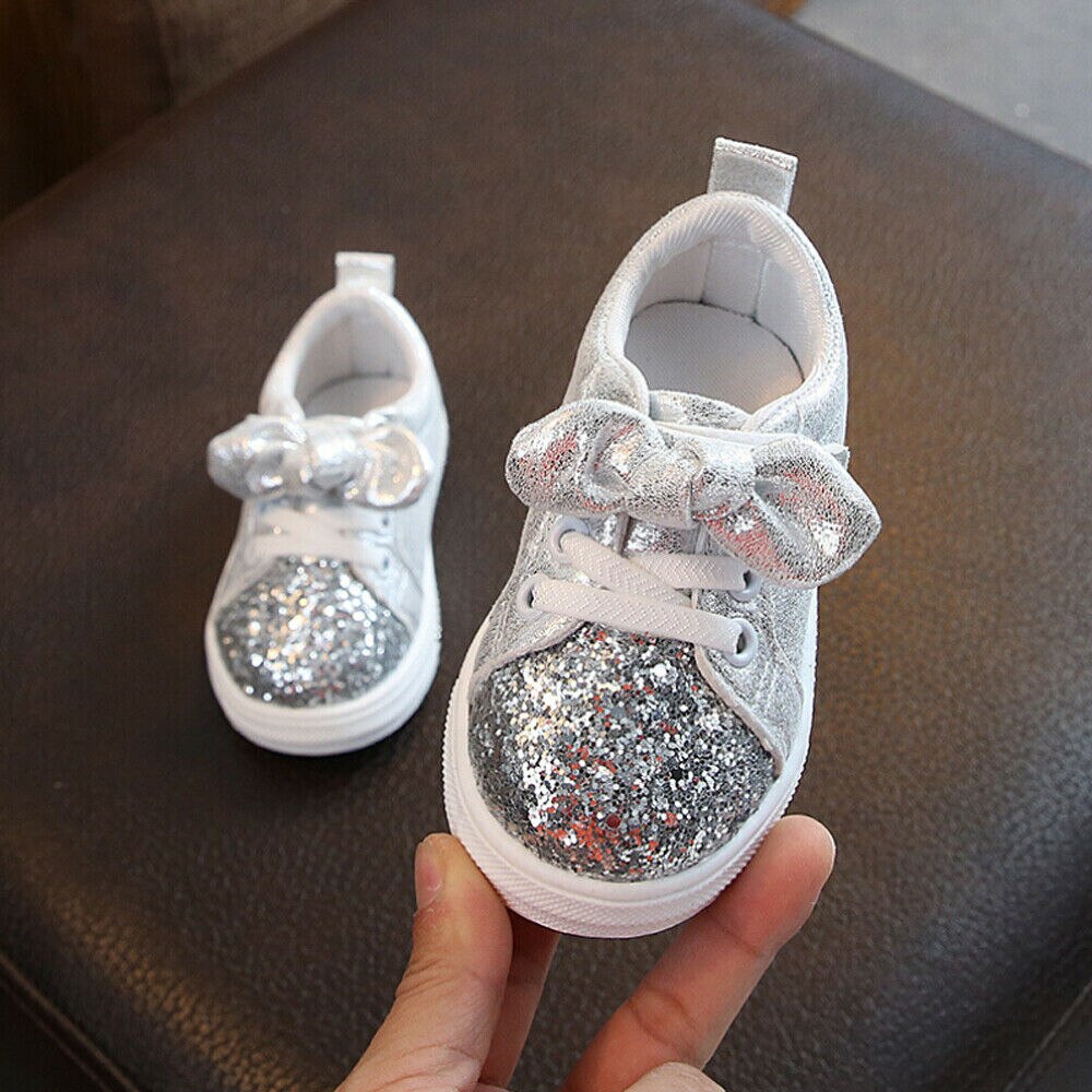 Cute Girls Casual Shoes Sneakers Toddler Baby Girls Bow Sequin Crib Trend Casual Shoes Kids Children Anti Slip Pink Dress Shoes: Silver / 25