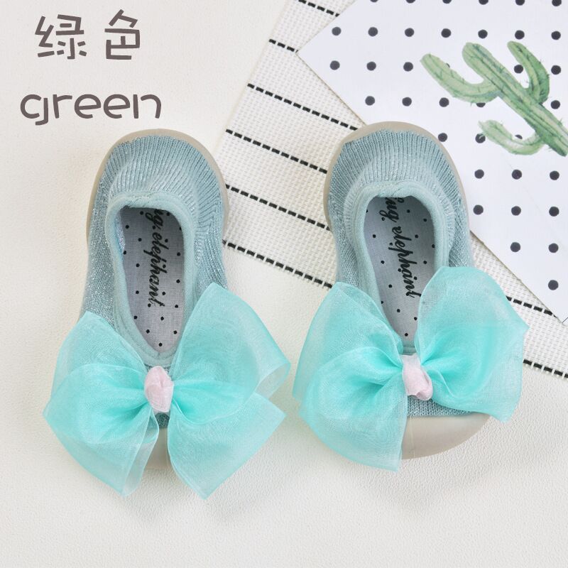 Bow Baby Rubber-Soled Toddler Shoes Newborn Cotton Non-slip Lace Floral Soft Bottom Floor Socks Children Toddler Shoes: Blue / 24-25