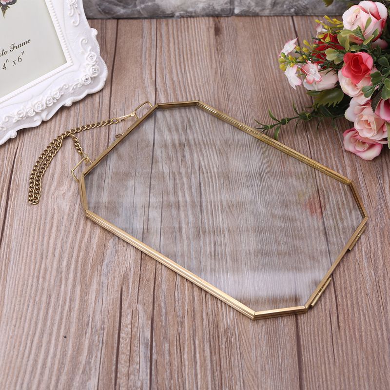 Achthoekige zwevende hangende fotolijst van metaal en glas, portretfoto, plantenhouder, dubbelzijdig, decoratie voor thuis