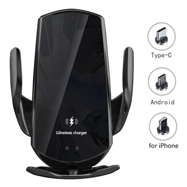 Automatic 15W Qi Car Wireless Charger for iPhone 12 11 XS XR X 8 Samsung S21 S20 Magnetic USB Infrared Sensor Phone Holder Mount: Black