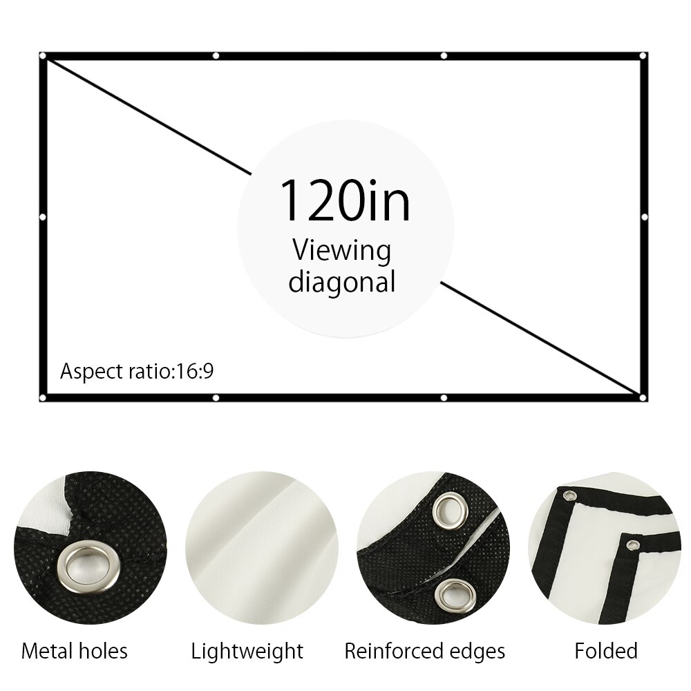 100/120 inch Projector Screen HD 16:9 White Dacron Diagonal Video Projection Screen Wall Mounted for Home Theater Movie