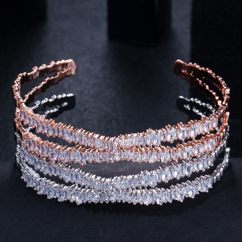 CWWZircons Brand Women Jewelry Stunning X Shape Big Rose Gold Color Cuff Bangle with Cubic Zirconia Stones BG003