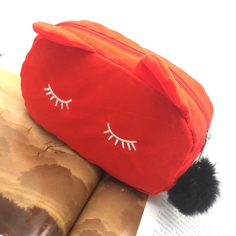 Grote capaciteit katten fluwelen etui portemonnee school kantoorbenodigdheden schrijfwaren pen etui portemonnee vrouw cosmetische make-up handtas: Rode kattenzak