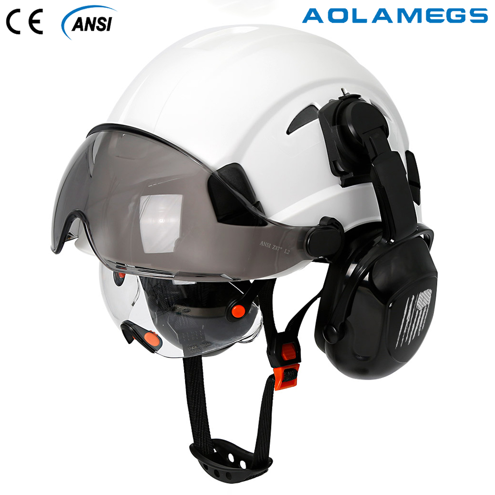 Schutzhelm mit Visiere, integrierte Schutzbrille, verbesserte Ohrenschützer-Rauschunterdrückung für Ingenieure, ABS-Schutzhelm, ANSI-Industrie-Arbeitskappe