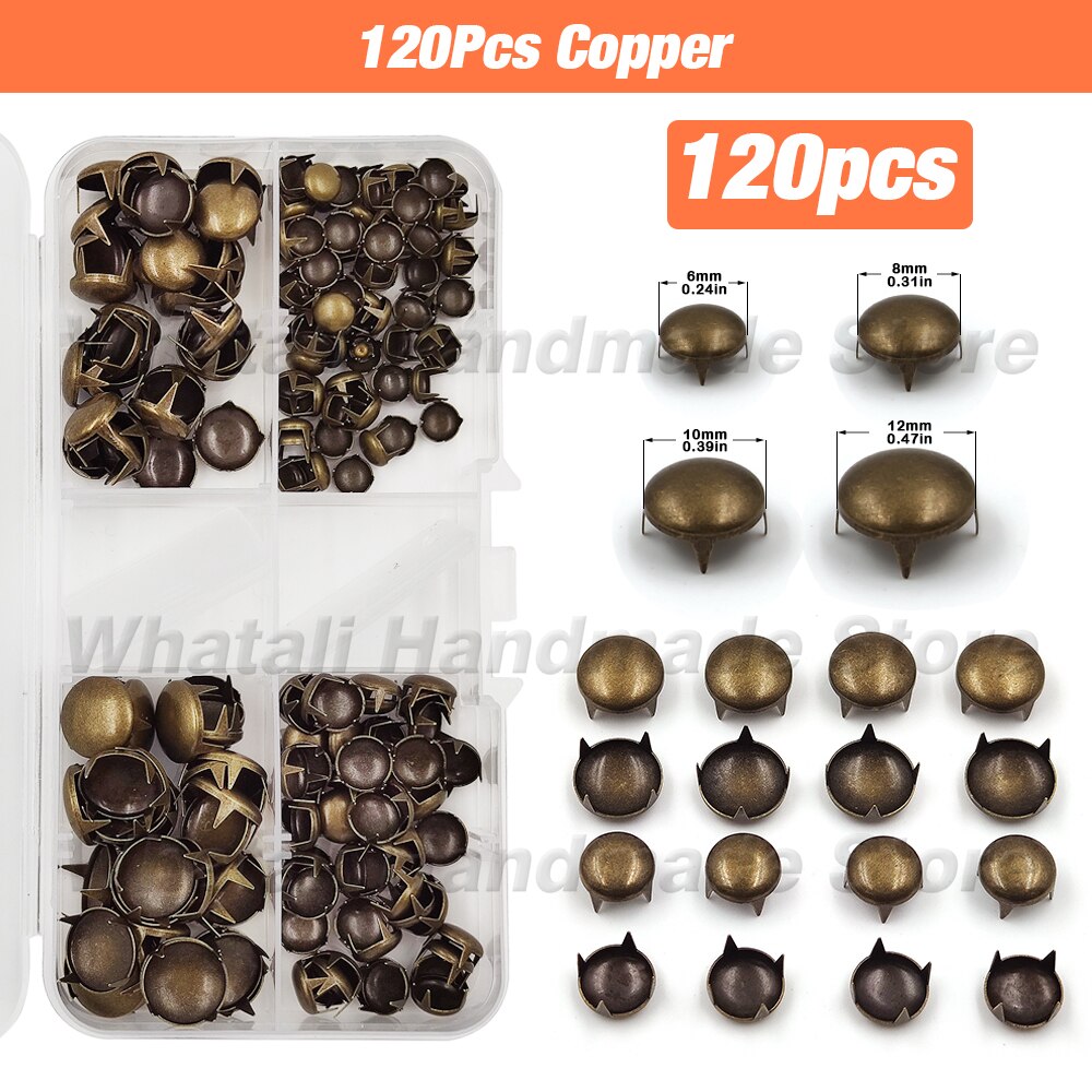 Moule en forme de dôme rond, Rivets, pointes, Kits de têtes de clous avec presse à main, Machine pour chaussures, sacs et vêtements, maroquinerie, 6/8/10/12mm: 120Pcs Copper