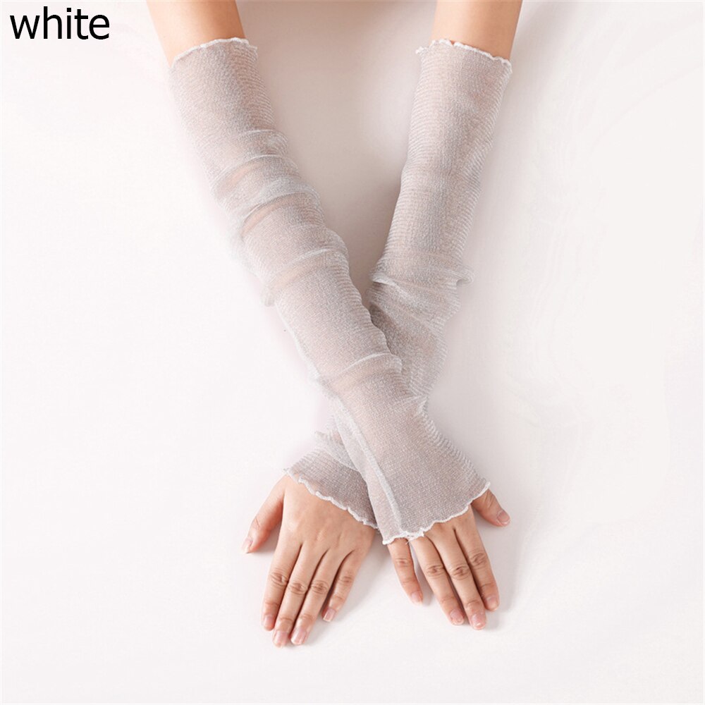 Gants longs en dentelle sans doigts pour femmes, manchons de Protection solaire, maille en dentelle, fins pour cyclisme, mancherons pour les bras de conduite,: white