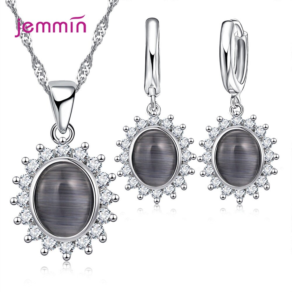 plata 925 conjunto de joyería Oval flor pendientes colgantes en Zircon Collar para mujer aniversario ornamento del cuello mujer: Black